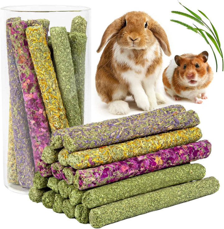 32Pcs Timothy Hay Sticks 320G for Rabbit, Guinea Pig, Hamster - Natural Handmade Treats and Chews for Teeth - Chinchilla, Rat, Gerbil Toys