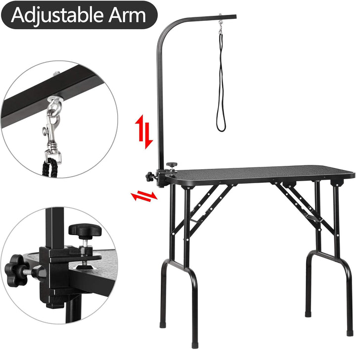32-Inch Foldable Pet Dog Grooming Table with Adjustable Height Arm Drying Table for Home W/Noose for Small Dogs Cats Non-Slip Maximum Capacity up to 220Lbs Black