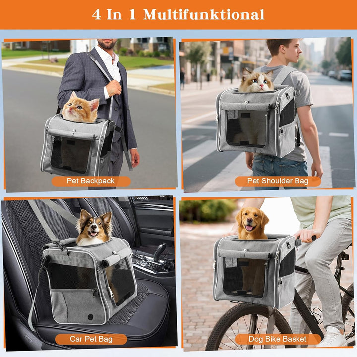 Dog Basket for Bike, Suitable for Small & Medium Pet up to 7 Kg, Foldable 4-In-1 Pet Bike Basket, Crossbody, Shoulder and Car Seat, with Sturdy Bracket and 4 Mesh Windows, Gray
