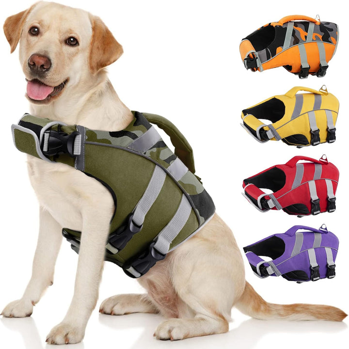 Dog Life Jacket with Reflective Stripes - Adjustable High Visibility Vest, Ripstop Lifesaver, Pet Preserver with High Flotation Swimsuit for Small, Medium and Large Dogs