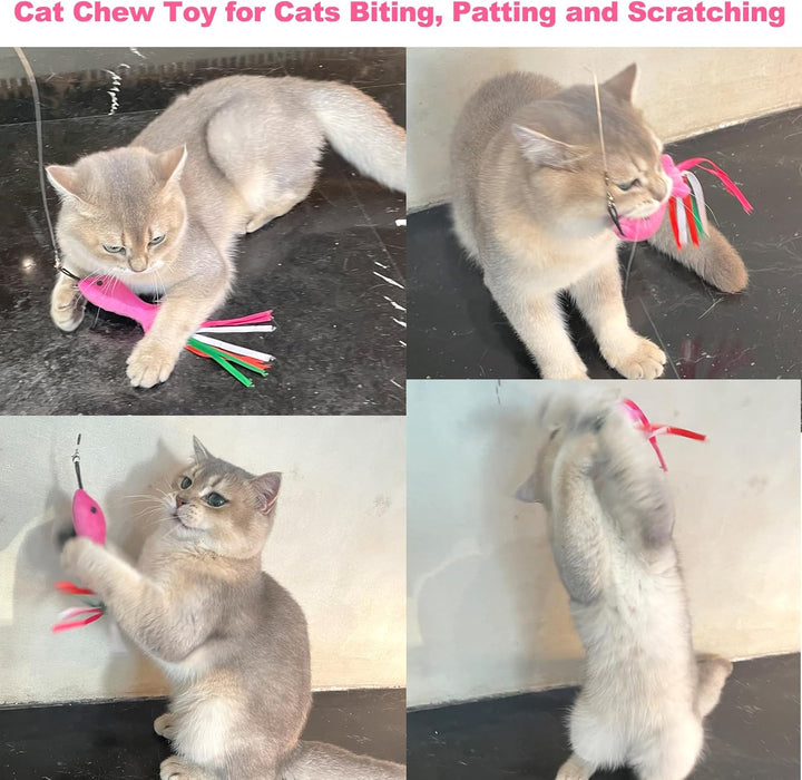 Cat Toys Pink Fish, 5PCS Catnip Toys for Cats, Flopping Cat Fish Toy Filled Soft Plush, Cat Feather Wand Accessories with Ribbons, Interactive Cat Toys for Indoor Cats Kitten Play Exercise Chew