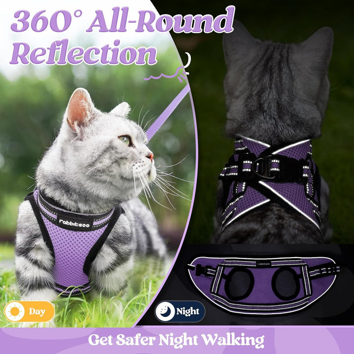 Cat Harness and Leash Set for Walking Escape Proof, Adjustable Soft Kittens Vest with Reflective Strip for Cats, Comfortable Outdoor Vest, Light Purple, S