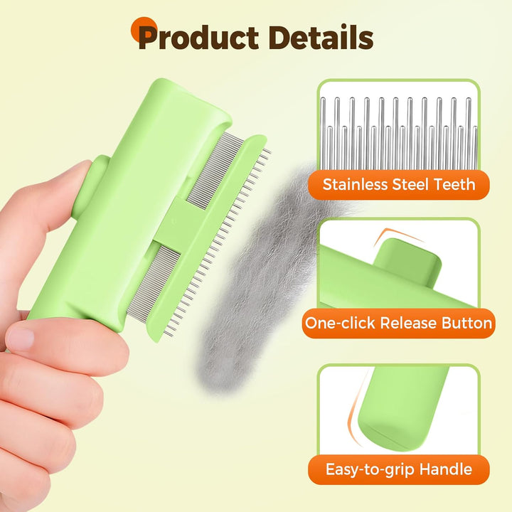 2 Pack Flea Comb for Cat Dog, 2025 Upgraded Pet Hair Removal Comb with Release Button,Self-Cleaning Pet Grooming Brush for Shedding, Massaging, Short & Long Hair (White+Green)