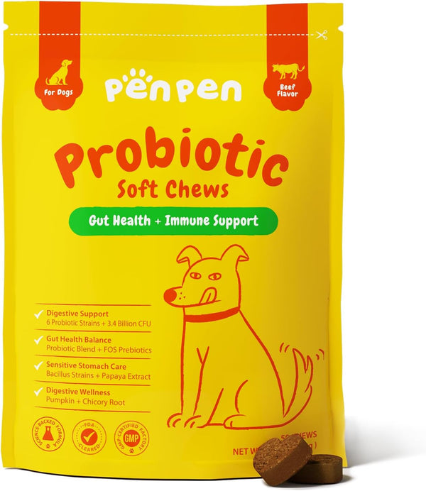 Probiotics for Dogs, Dogs Probiotics for Digestive Health, Multi-Probiotic and Enzyme Blend Promote Gut Health & Immune Support, Eases Sensitive Stomachs (Beef Chews, 50Ct)