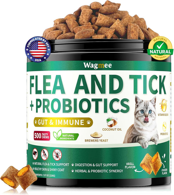 Flea and Tick Prevention for Cats Chews, 500 Crunchy & Creamy Flea Chews, Cat Flea Chewables with Probiotics - Skin & Coat Support - Fleas & Tick Supplement for Cats Kittens - Natural Chicken Flavor