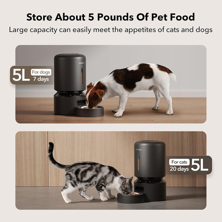 Automatic Cat Feeder, 5G Wifi Automatic Dog Food Dispenser with Freshness Preservation, 5L Timed Pet Feeder with Low Food Sensor, up to 10 Meals per Day, Granary Black
