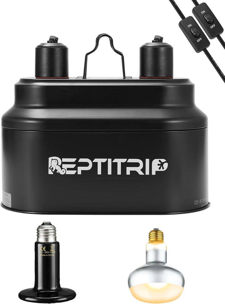 Dual Reptile Light Fixture with Switches, Reptile Heat Lamp Fixture, Reptiles Terrarium UVB Bulb Fixture for Bearded Dragon, Max 160W Each (Bulb Not Included)