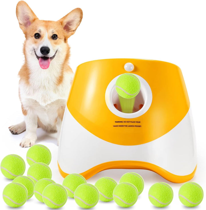 Automatic Dog Ball Launcher, Dog Ball Thrower with 15 Mini Tennis Balls Sizing 2 Inch and Mesh Bag, Interactive Dog Toys Tennis Ball Launcher for Small Dogs with 3 Distance Settings