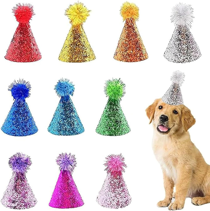 Dog Birthday Hat Set for Small Medium Dogs Cat Puppies, Mini Party Hat with Adjustable Headbands, Cute Pet Hat with Pompons for Birthday Christmas Party Decoration Accessories (Small 3 Inch 10Pcs)