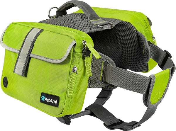Dog Backpack for Medium Large Dogs, Dog Saddle Bag for Dogs to Wear, Harness Saddlebag with Reflective Safety Side Pockets for Hiking, Camping, Vest Dog Pack for Travel (Green, Medium)