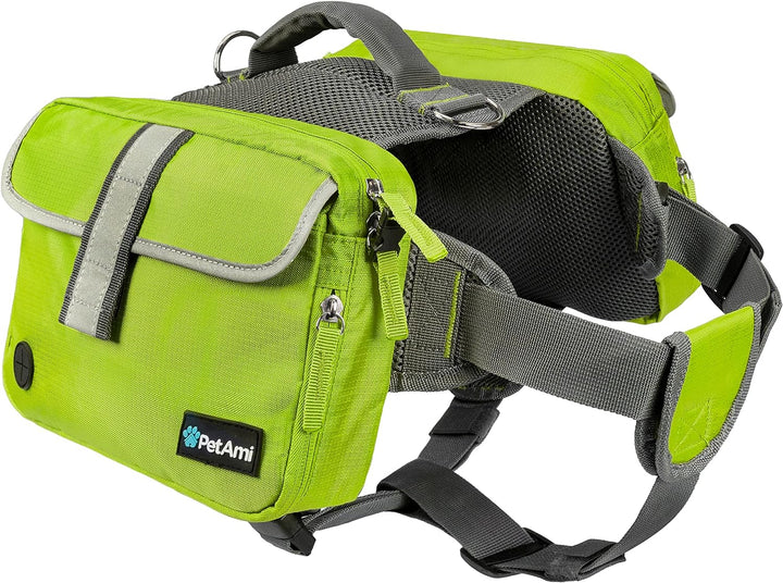 Dog Backpack for Medium Large Dogs, Dog Saddle Bag for Dogs to Wear, Harness Saddlebag with Reflective Safety Side Pockets for Hiking, Camping, Vest Dog Pack for Travel (Green, Medium)