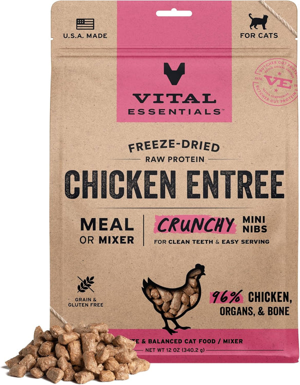 Freeze-Dried Raw Chicken Meal or Mixer Cat Food Crunchy Nibs, 12 Oz
