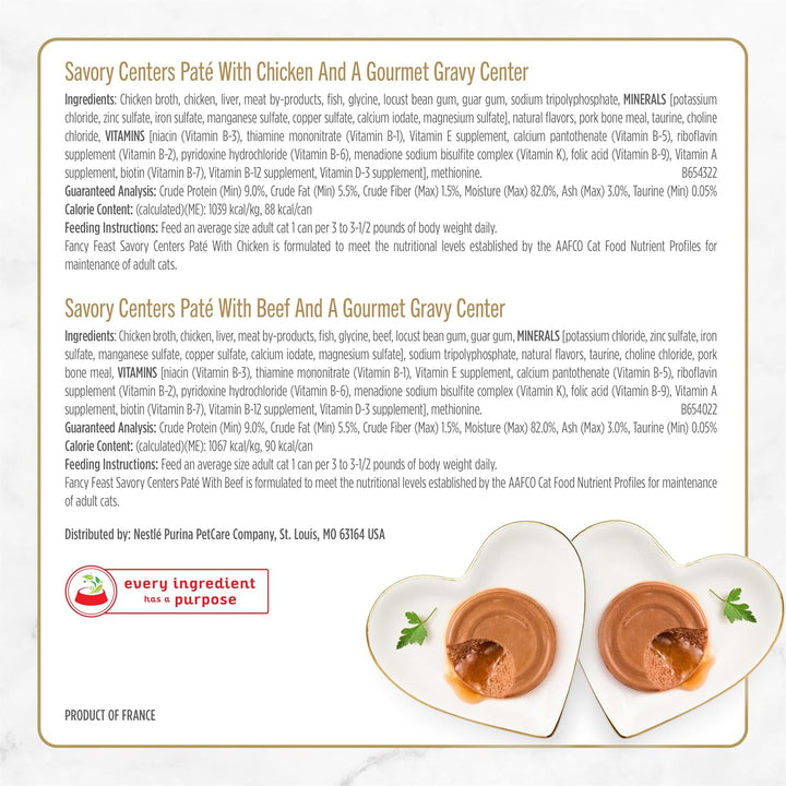 Purina  Savory Centers Wet Cat Food Pate Variety Pack with Chicken, Salmon, Beef, and Tuna Pate with Gravy Center - (2 Packs of 12) 3 Oz. Pull-Top Cans