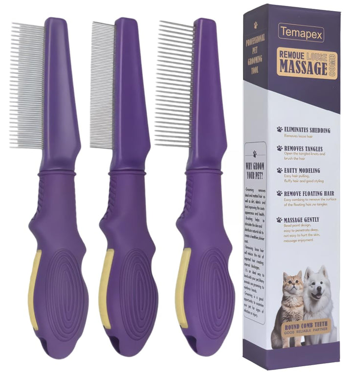 Pet Flea Comb for Dogs & Cats,Removes Tangles & Flea, Tear Stain Removal, Stainless Steel Metal Teeth, Non-Slip & Anti-Static Rubber Handle, Safe & Gentle Pet Grooming Comb