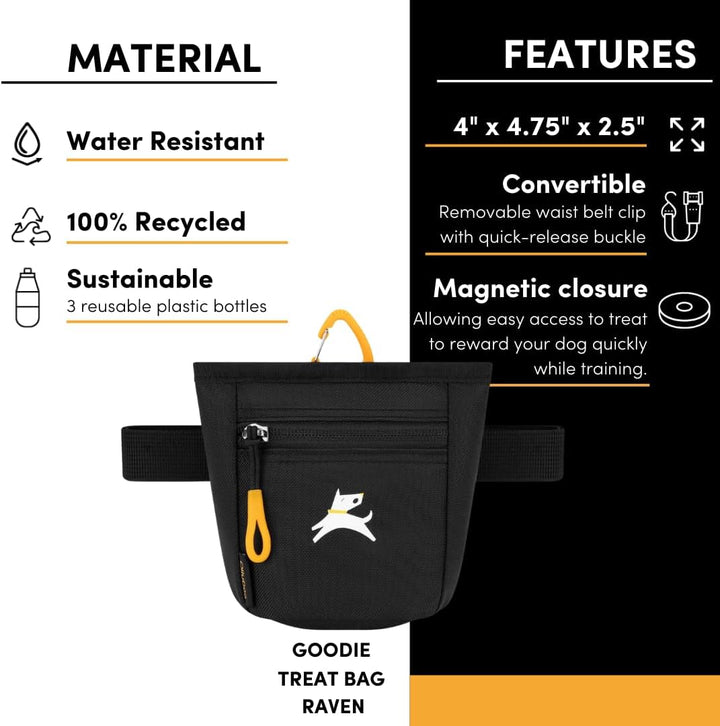 Goodie Treat Bag, Dog Treat Pouch, Waist Belt Clip for Hands-Free Training, Magnetic Closure, Dog Training and Behavior Aids, Three Ways to Wear (Raven S'25)