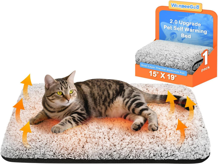 Self Warming Cat Bed, Heated Cat Bed, 2.0 Upgraded Dual-Layer Thermal Foil Heating Pad, Plush Self-Heating Pet Mat for Crate, Floor, with Removable Washable Cover, Non-Slip, 15"X19"