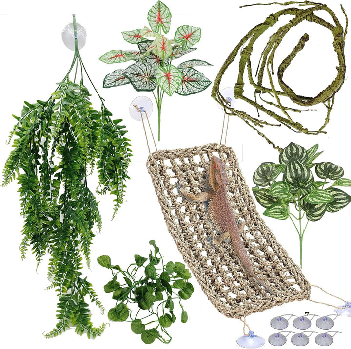 Reptile Plants for Bearded Dragon Tank Accessories, Terrarium Plant Artificial Decor for Snake Cage, Fake Plant for Leopard Gecko Habitat, Lizard Chameleon Ball Pythons (Group BN)