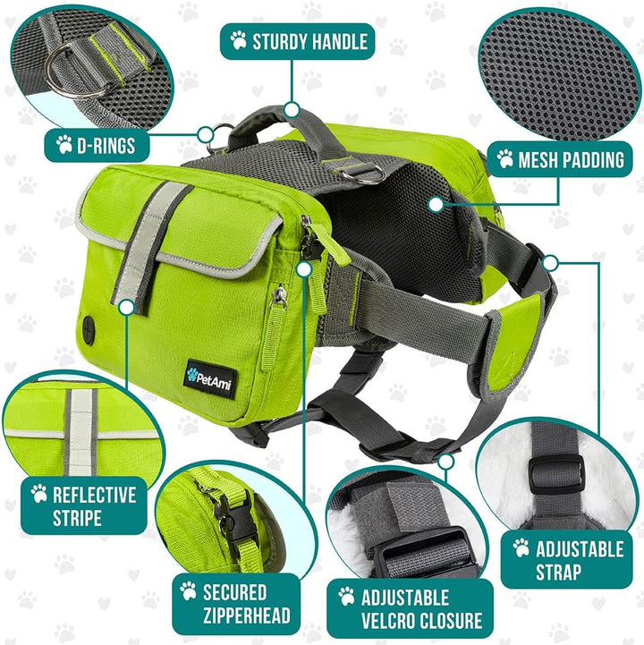 Dog Backpack for Medium Large Dogs, Dog Saddle Bag for Dogs to Wear, Harness Saddlebag with Reflective Safety Side Pockets for Hiking, Camping, Vest Dog Pack for Travel (Green, Medium)