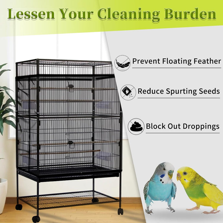 Bird Cage Seed Catcher, Large Bird Cage Cover, Adjustable Soft Airy Nylon Mesh Net, Birdcage Cover Skirt Seed Guard for Parrot Parakeet Macaw African round Square Cages (Black)