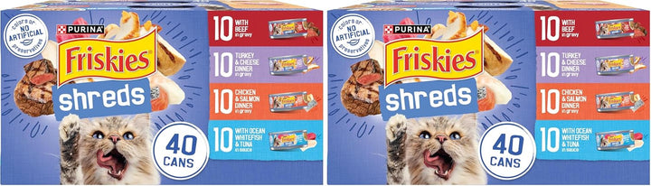 Purina  Wet Cat Food Variety Pack, Shreds with Beef, Turkey and Cheese Dinner, Chicken and Salmon Dinner, and with Ocean Whitefish and Tuna - (Pack of 40) 5.5 Oz. Cans