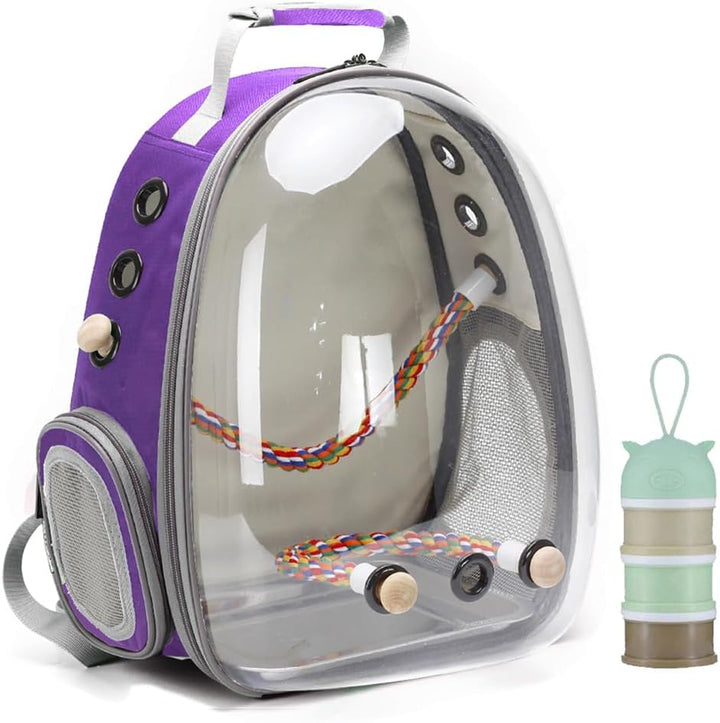 Bird Traval Carrier Cage, Clear Space Capsule Astronaut Backpack to Carry Parakeet Cockatiel Parrot with Metal Tray Wood Perch, Vet Transport School Bag
