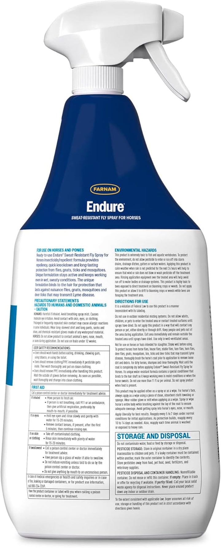 Endure Sweat-Resistant Fly Spray for Horses, Lasts up to 14 Days, Protects against Flies, Gnats, Mosquitoes, Ticks & Lice, 32 Oz.