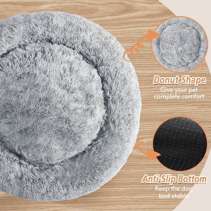 Small Dog & Cat Beds for Indoor Cats, Donut Cuddler Warming Soft Dog Beds with Anti-Slip Bottom, round Calming Fluffy Plush Faux Fur Cushion Bed for Small Medium Dogs (20", Smoke Grey)