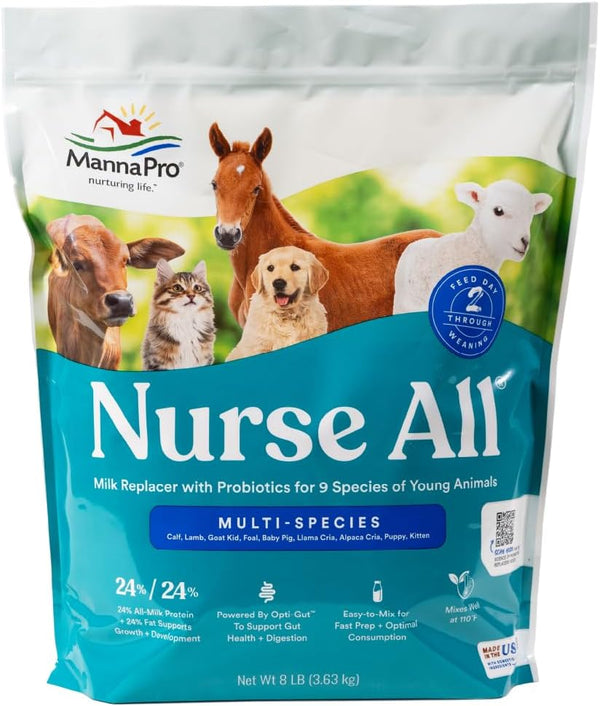 Nurse All® Multi-Species Milk Replacer - Powered by Opti-Gut™ to Support Gut Health & Digestion - All-Milk Protein - Easy-To-Mix Formula - 8 Pounds
