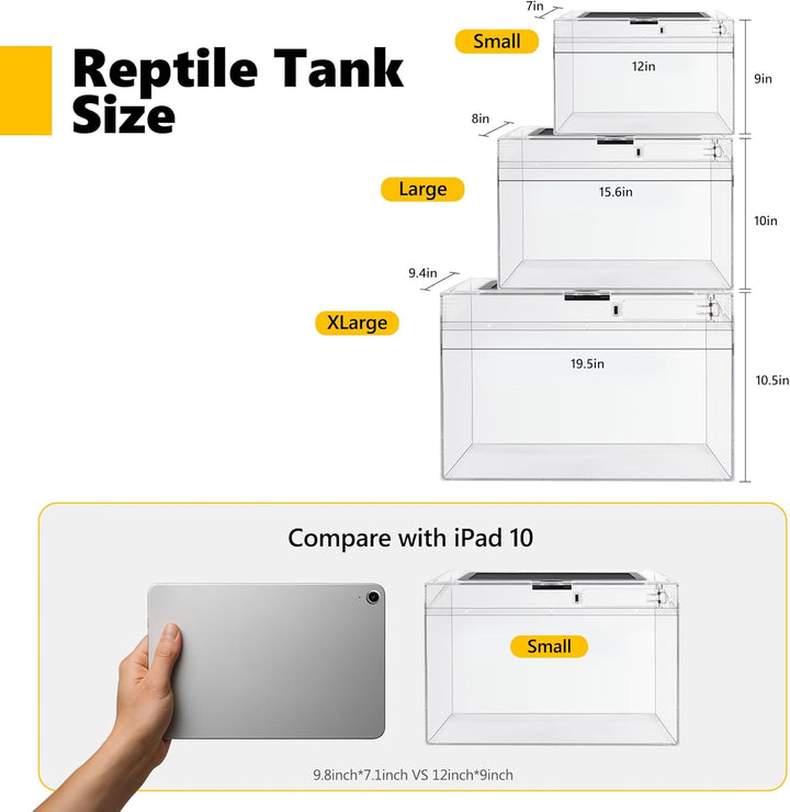 Reptile PC Terrarium,Anti Breakage 12X7X9 Inch Insect Amphibians Tank Spider Starter Kits,Top Sliding Door Screen Ventilation Mini Gecko Habitat Cages,Hygrometer Thermometer,Hide Cave,Tweezer,Sprayer