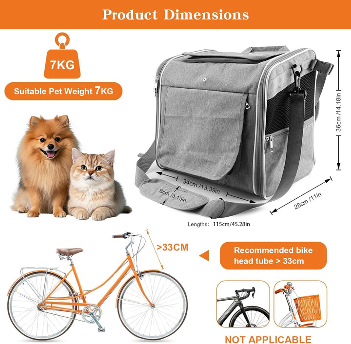 Dog Basket for Bike, Suitable for Small & Medium Pet up to 7 Kg, Foldable 4-In-1 Pet Bike Basket, Crossbody, Shoulder and Car Seat, with Sturdy Bracket and 4 Mesh Windows, Gray