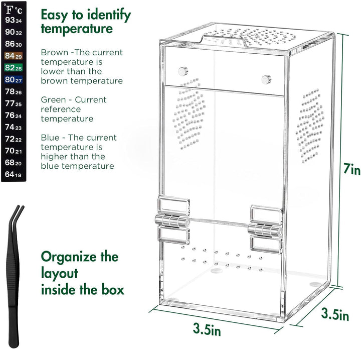 Jumping Spider Enclosure, Acrylic Terrarium with Magnetic Door & All-Side Ventilation, Pre-Assembled Reptiles Habitat for Praying Mantis, Tarantula, Snail, Hermit Crab, Frog (3.5"X3.5"X7")