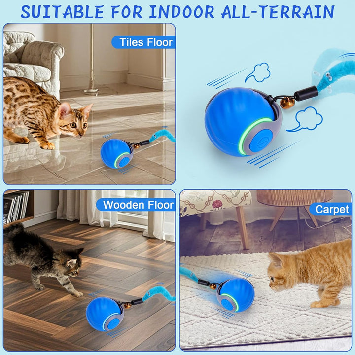 Interactive Cat Toy Ball - Automatic Interactive Cat Toys for Indoor Cats with 3 Tails, 2 Speeds Rechargeable Cat Enrichment Toys for Small/Medium/Large Cats to Keep Them Busy(Blue)