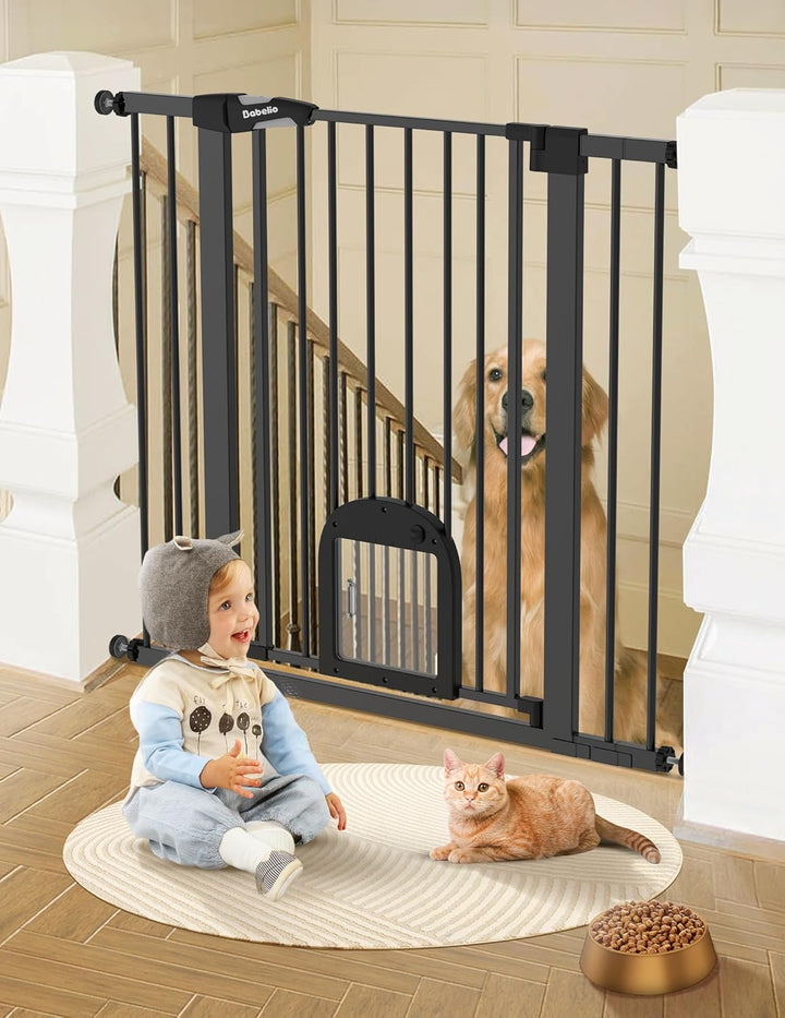 Baby Gate with Adjustable Cat Door,29-43" Auto Close Durable Pet Door for Stairs,Doorways and House,Pressure Mounted,Easy Install,Effortless Walk Thru,White