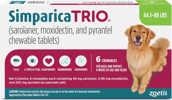 (Sarolaner, Moxidectin, and Pyrantel Chewable Tablets) Chewables for Dogs, 48 Mg/Tab, 44.1-88 Lbs, (Green), 6 Tablets