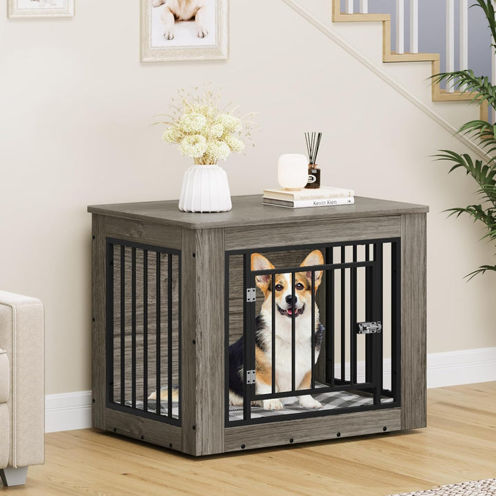 Dog Crate Furniture for Medium Dogs, Side End Table, Modern Dogs Kennel Indoor up to 35 Lb, 2-In-1 Iron-Wood Fusion Dog Cage with Waterproof Top, Safety Corners,Steel Lock,30" L,Greige