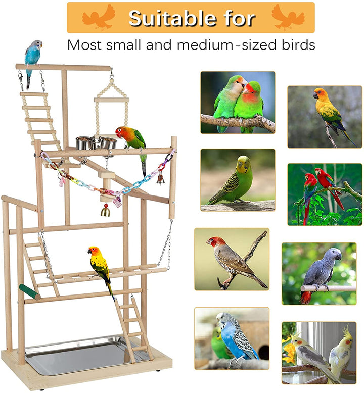 Pet Parrot Playstand Parrots Bird Playground Bird Play Stand Wood Perch Gym Playpen Ladder with Feeder Cups Bells for Cockatiel Parakeet (4 Layers)