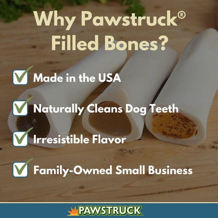 Small 3” Filled Dog Bones Variety Pack - Peanut Butter, Cheese & Bacon, Beef Flavors - Made in USA Long Lasting Stuffed Femur Treat for Aggressive Chewers - Pack of 3 - Packaging May Vary