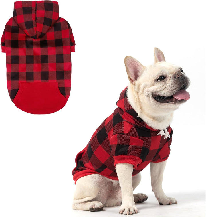 Plaid Dog Hoodie Pet Clothes Sweater with Hat and Pocket for Small Medium Large Size Dogs, Soft Winter Warm Dog Cold Weather Coat, Fleece Fall Dog Hooded Sweatshirt for Puppy Cats, Red XL