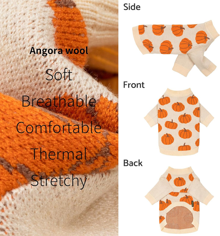 Pumpkin Dog Sweater, Thanksgiving Outfit for Small Dogs Boy Girl, Pet Outfit, Orange, Beige, Medium