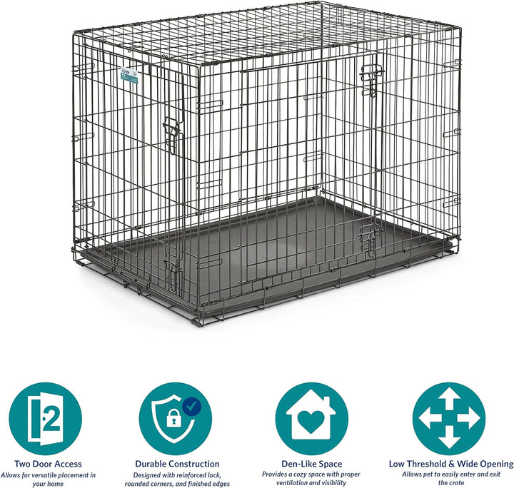 42-Inch Two-Door Icrate Folding Dog Crate with Divider Panel, Leak-Proof Tray & Secure Latches – Metal Wire Kennel for Large Breeds – Portable, Durable & Easy to Assemble