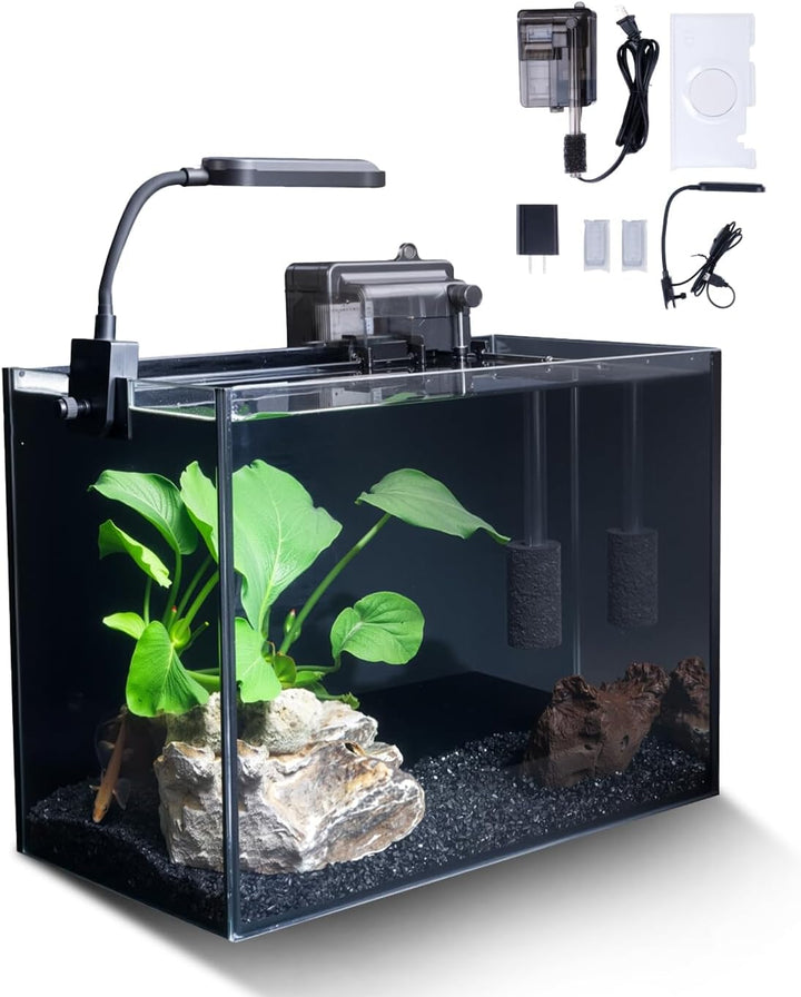 2.5 Gallon Glass Small Fish Tank Kit, Betta Fish Tank Aquarium Starter Kit with Filter, Lights, Lid, for Betta, Goldfish, Small Fish or Shrimp
