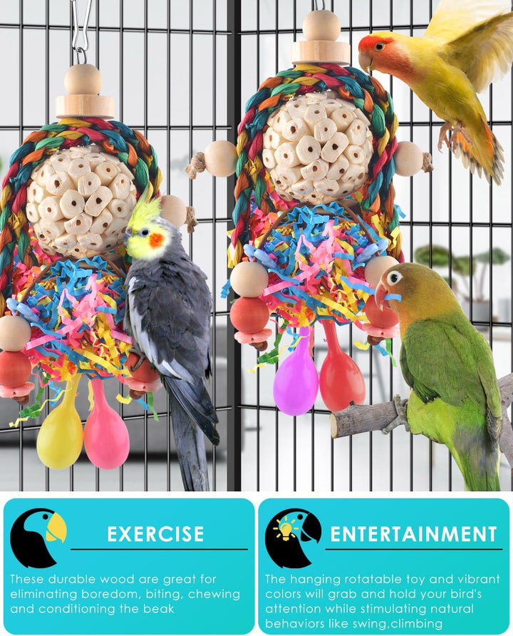 Conure Toys, 2PCS Bird Parrot Foraging Shredder Hanging Toys Sola Balls with Sand Hammer for Small Parrots Parakeets Conures Cockatiels Love Birds Cage Toy