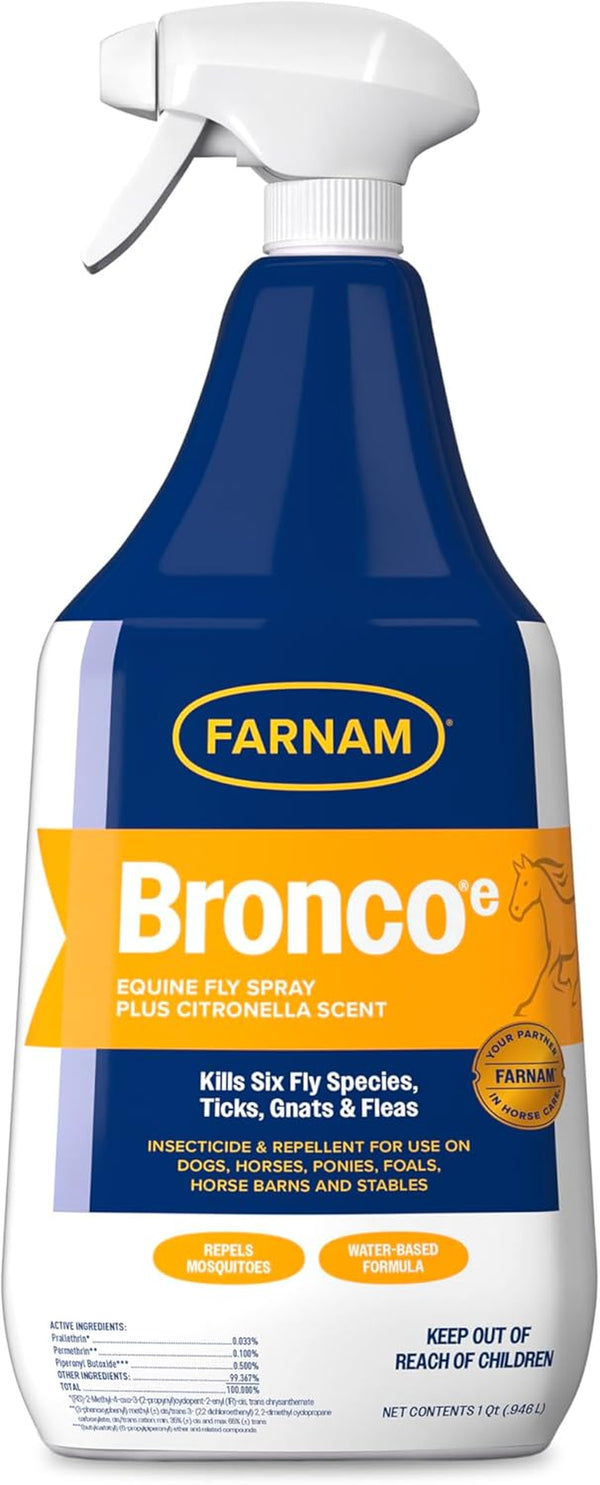 Broncoe Fly Spray plus Citronella for Horses, Dogs & Premises - Kills Flies, Ticks, Fleas, Lice & Mosquitoes - Water-Based, Non-Oily Multi-Purpose Insecticide - 32 Oz