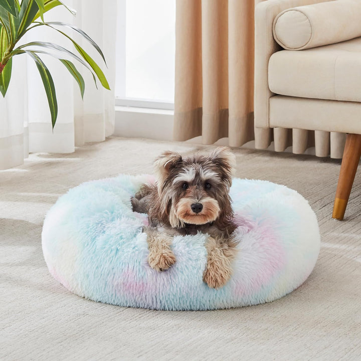 Calming Soft round Dog & Cat Bed, Anti-Anxiety Donut Cuddler Warming Cozy Fluffy Faux Fur Plush Cushion Bed for Small Medium Dogs and Cats (20"/24"/27"/30"), Light Grey