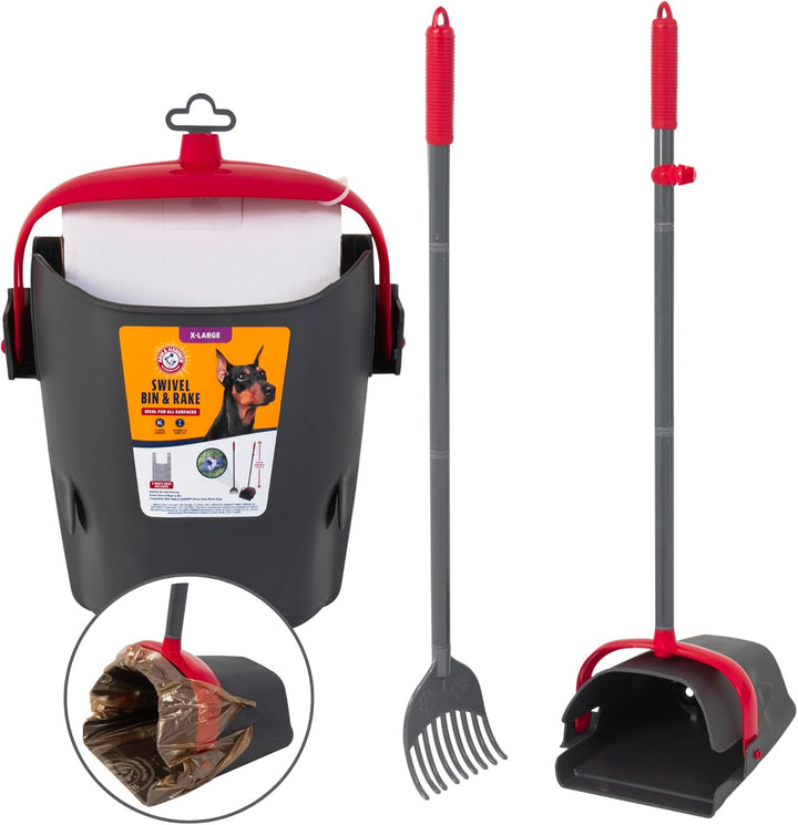 Dog Pooper Scooper Swivel Bin & Rake, Poop Scoop for Dogs, Black (2 Heavy Duty Scented Waste Bags Included)