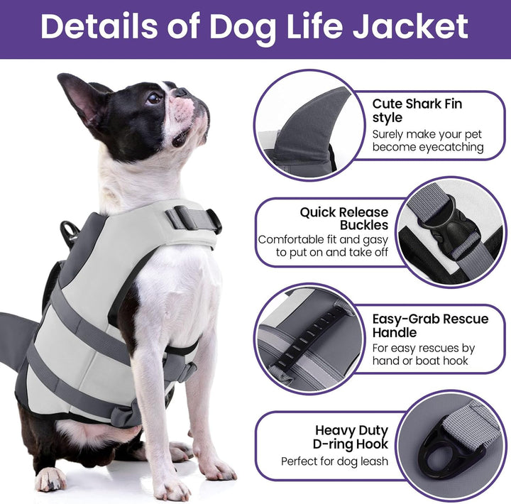 Dog Life Jacket - Shark Life Vest for Swimming Boating - Reflective Lifejacket Swimsuit for Small Medium Large Dogs - High Buoyancy Lifesaver Preserver with Rescue Handle, Grey Shark M