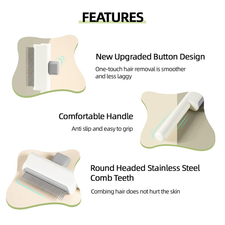 2Pcs Pet Comb Flea Comb Set for Cats Dogs, Cat Grooming Brush with Release Button and Stainless Steel round Teeth, Self-Cleaning Dog Combs for Removing Pet Hair, Knots & Loose Fur, White