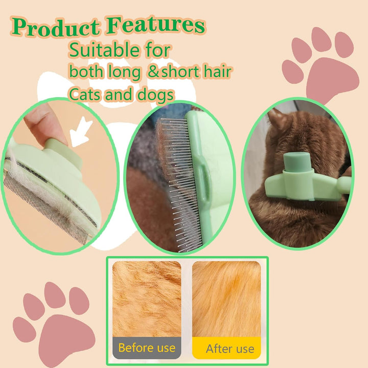 Cat Comb Dog Comb Pet Hair Removal Tool Flea for Cats and Dog Lice Cat Brush with Release Button Self-Cleaning with Long & Short Stainless Steel Metal Teeth for Shedding