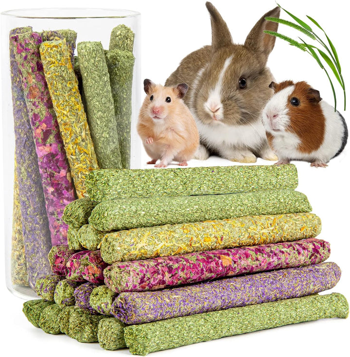 32Pcs Timothy Hay Sticks 320G for Rabbit, Guinea Pig, Hamster - Natural Handmade Treats and Chews for Teeth - Chinchilla, Rat, Gerbil Toys