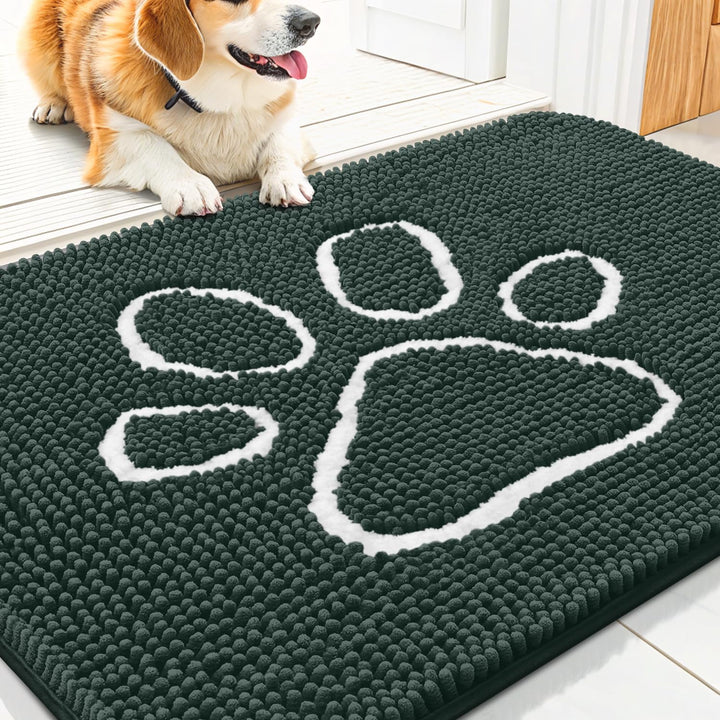 Dog Door Mat for Muddy Paws, Absorbent Dirt Trapper Non Slip Quick Dry Washable Chenille Mat for Mud Dogs, Entry Rug for Indoor and Outdoor (30X20 Inches, Grey)